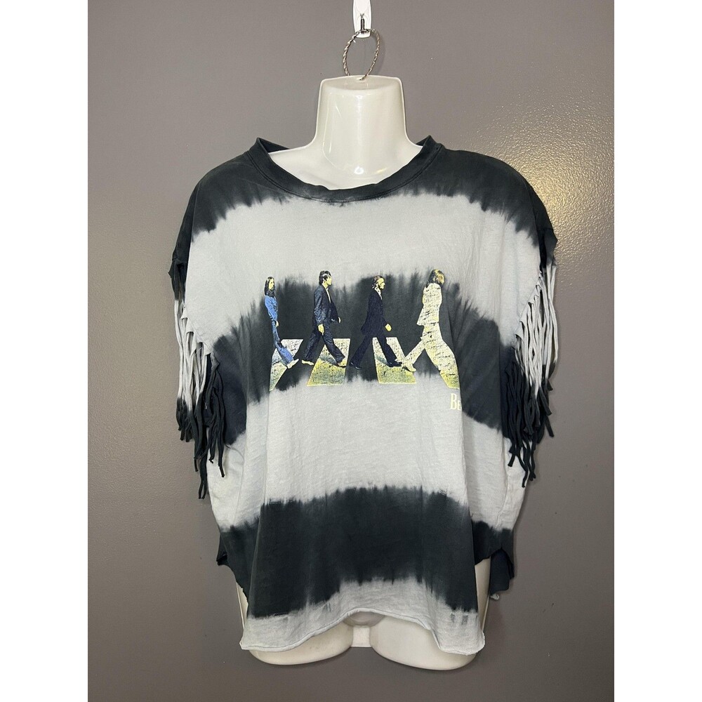 The Beatles Shirt Womens Medium Black Tie Dye Abbey Road Fringe Graphic Tee Top